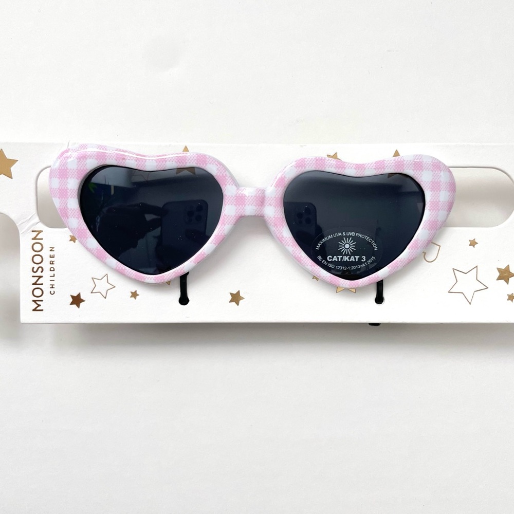 Girls Heart Shape Sunglasses with Pink White Checker Pattern - Ado…
